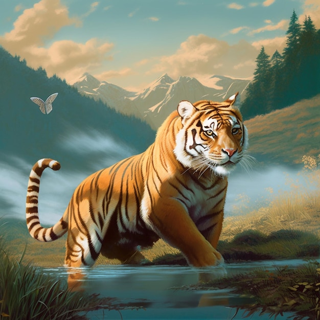 A tiger is standing in a pond with mountains in the background.