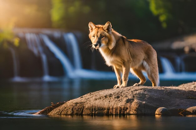 Photo a tiger is standing on a rock in front of a waterfall