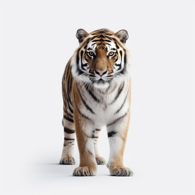 A tiger is standing on a white background.