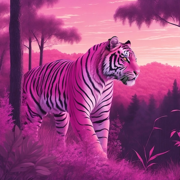 a tiger is standing in the wild with the pink background