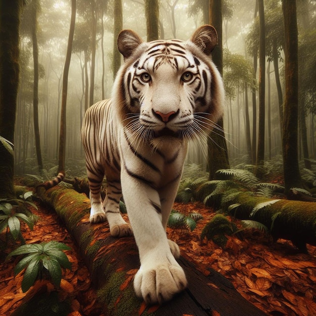 a tiger is standing in the woods with the tiger on the back