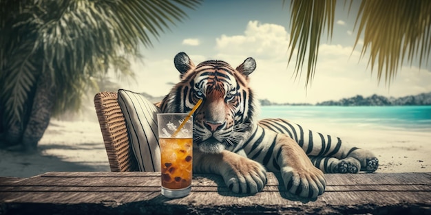 Тигр находится на летних каникулах на морском курорте и отдыхает на летнем пляже