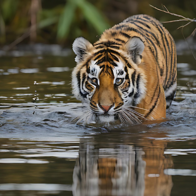 a tiger is swimming in the water and is reflected in the water