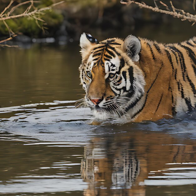 Photo a tiger is swimming in the water and is swimming