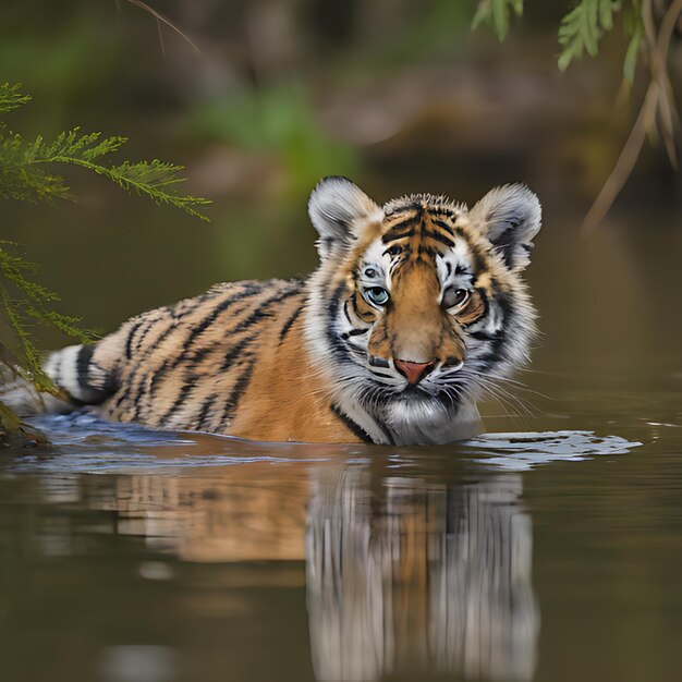 a tiger is swimming in the water and is swimming