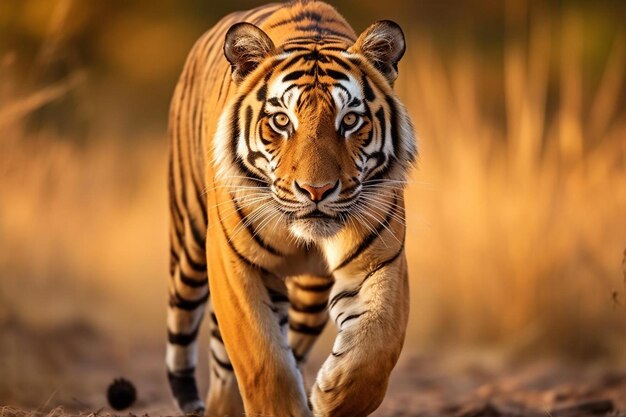 Photo a tiger is walking in the dirt with a sunset background