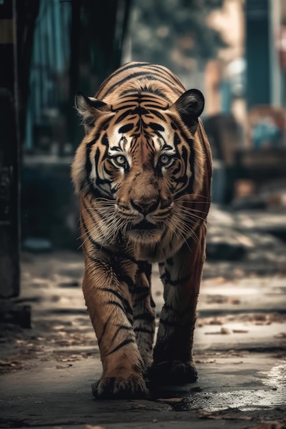 Tiger is walking down a city street Generative AI