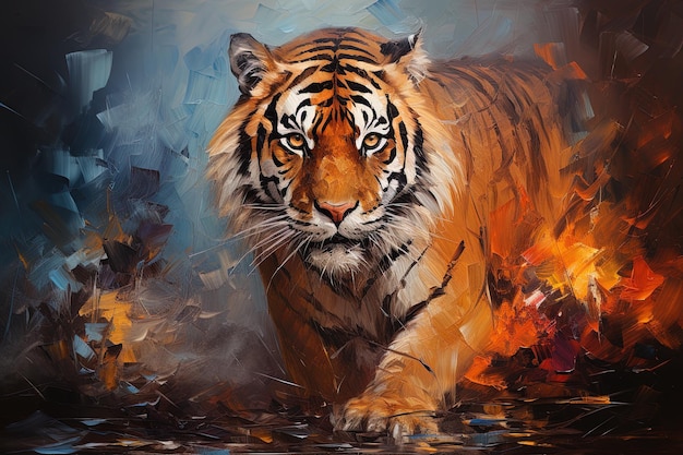 Foto una tigre sta camminando nel fuoco con le fiamme sullo sfondo