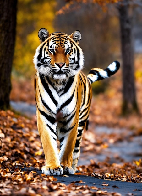 a tiger is walking on a path in the woods