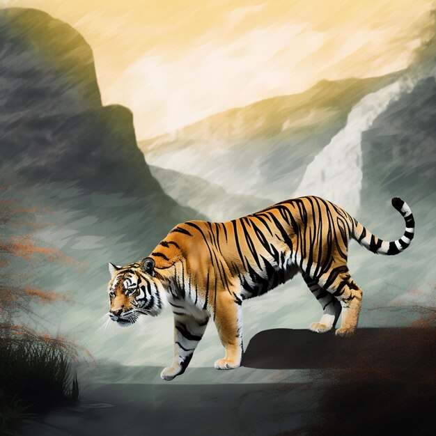 A tiger is walking on a rock in front of a mountain.