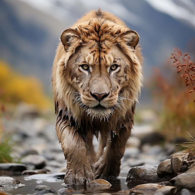 a tiger is walking through a stream in the mountains