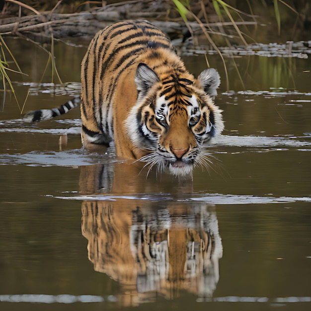Тигр идет по воде и отражается в воде.