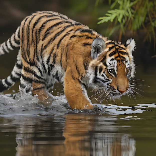 Photo a tiger is walking through the water and is in the water