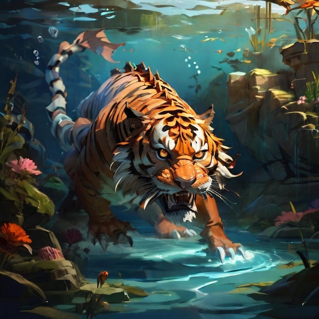 a tiger is walking in water with a tiger in the background