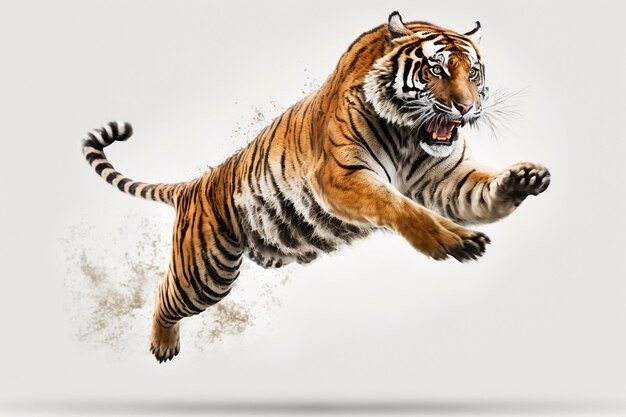 Tiger in jump on the white background created with generative AI