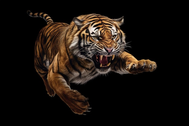 Photo tiger in a jump with an open mouth and sharp teeth in full height isolated on a black background