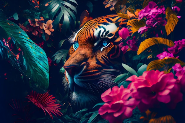 ジャングルの中の虎 Tiger Generative AIxA を使用した熱帯の花のシームレスな背景