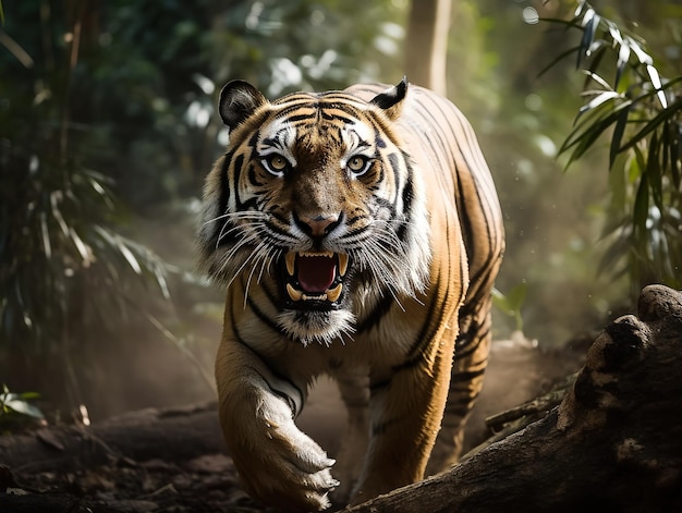 A tiger in the jungle with a dark background