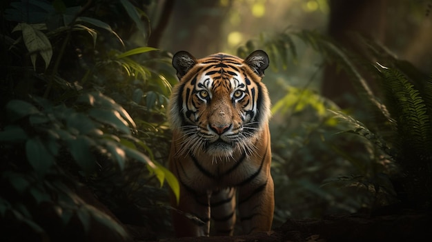 A tiger in the jungle with a dark background