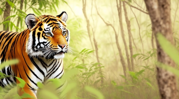 A tiger in the jungle with a green background