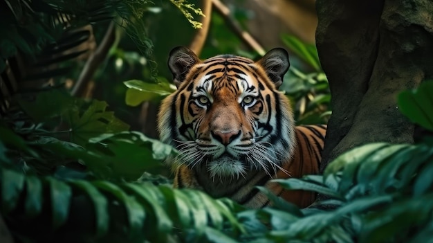 A tiger in the jungle with green leaves and a light on the face