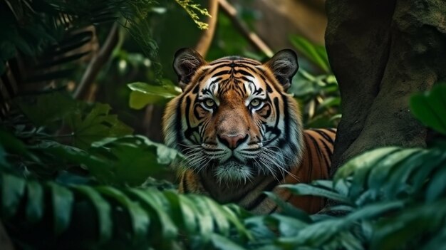 A tiger in the jungle with green leaves and a light on the face