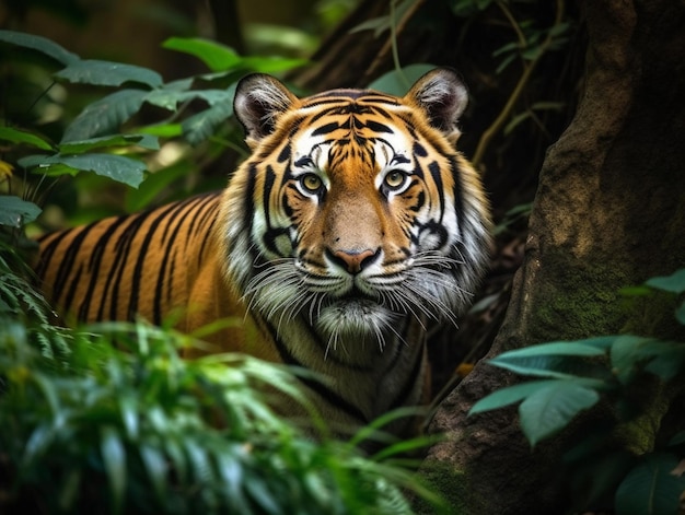 A tiger in the jungle with green leaves