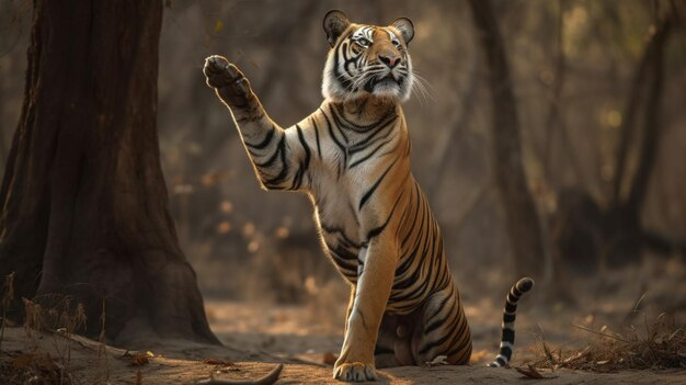 A tiger in the jungle with a hand raised