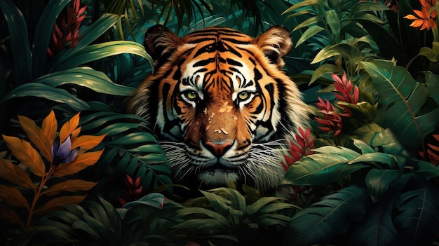 A tiger in the jungle with its stripes and powerful muscles on full display Generative Ai