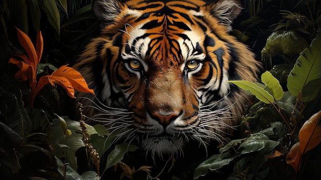 Tiger in jungle with leaves AI Generative