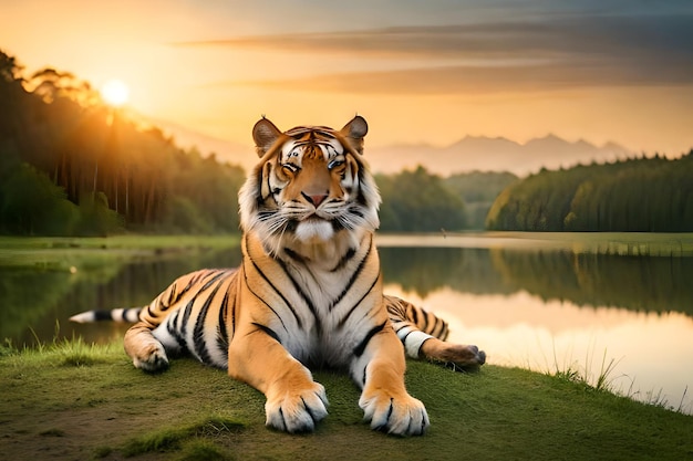 A tiger laying on the grass by a lake