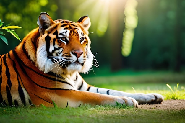 A tiger laying on the grass in the sun