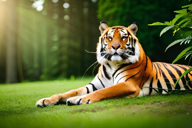 Tiger laying on the grass in the woods