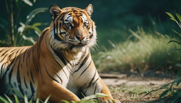 a tiger laying on the ground in front of a forest