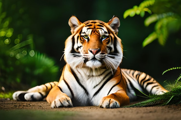 A tiger laying on the ground in front of a green background