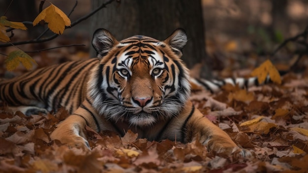 A tiger laying in the leaves in the woods