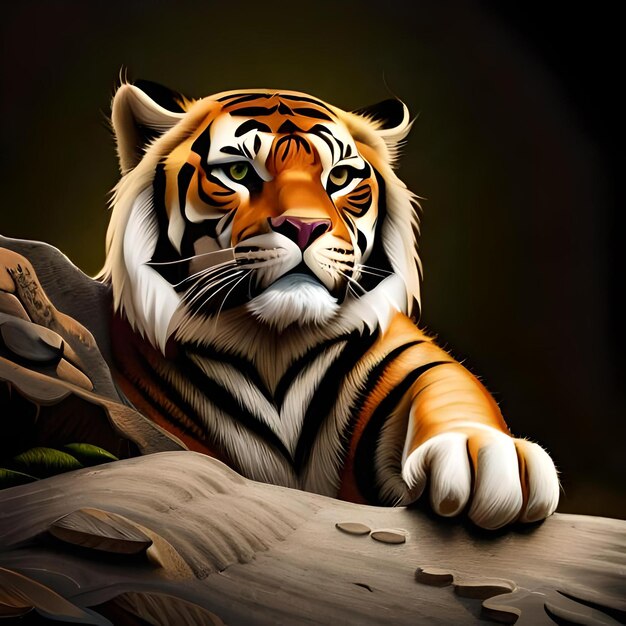 A tiger laying on a log with a black background