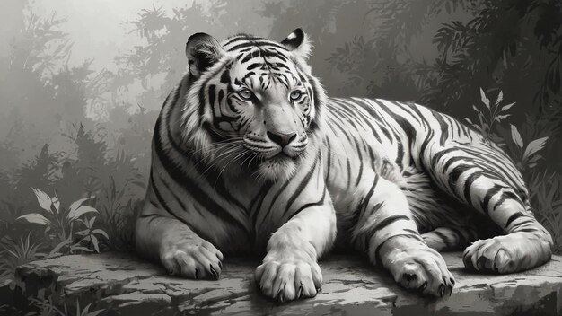 a tiger laying on a platform with a black and white picture of a tiger