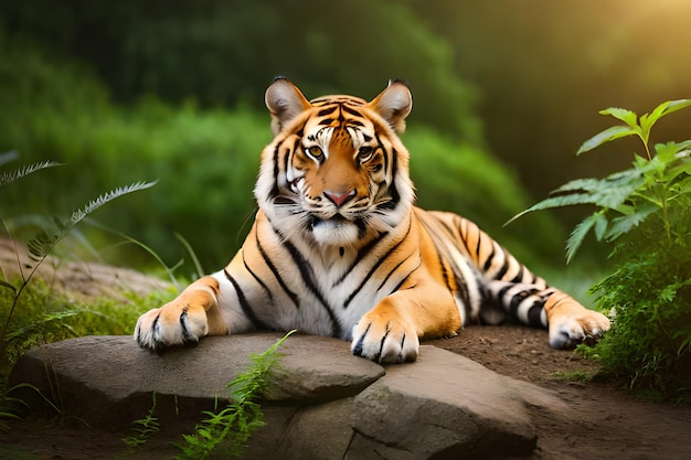 A tiger laying on a rock in a jungle