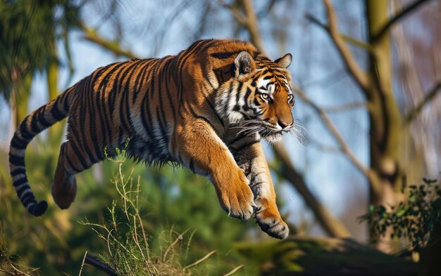 tiger leaping in a forest