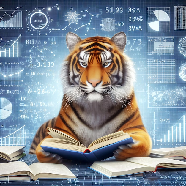 Tiger lezen van boeken en het oplossen van wiskunde gegevensanalyse in het concept van de toekomst gratis foto