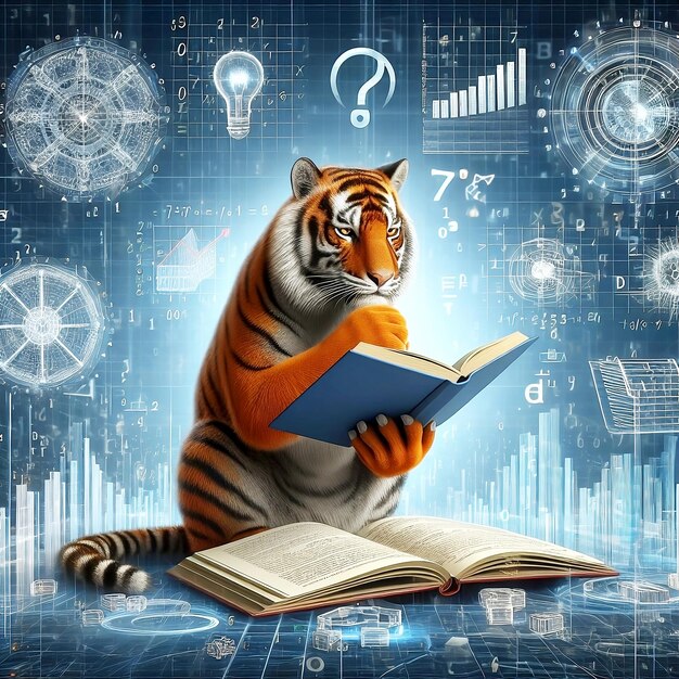 Tiger lezen van boeken en het oplossen van wiskunde gegevensanalyse in het concept van de toekomst gratis foto