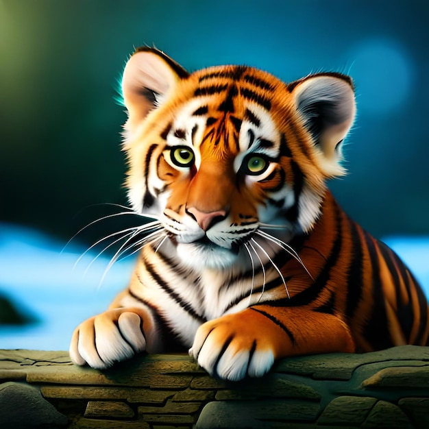 A tiger on a log with a blue background