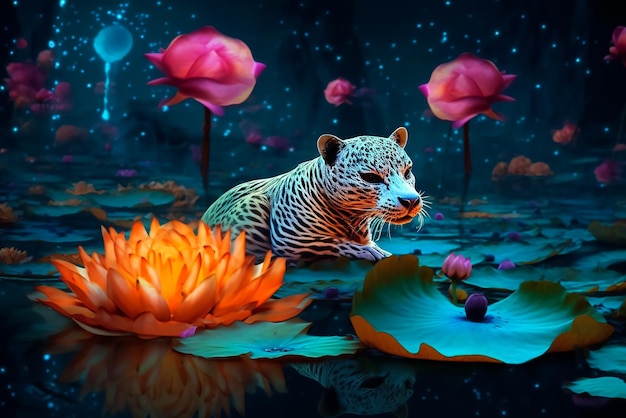 A tiger and a lotus flower in a pond