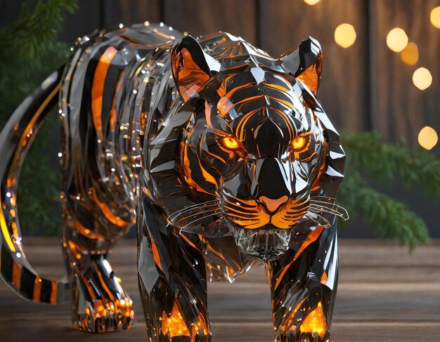 A tiger made of silver and orange tiles is on a wooden surface