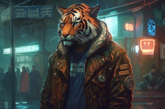 Tiger in a man's jacket on the background of the night city