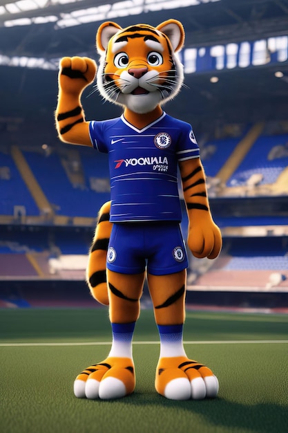 a tiger mascot wearing a blue shirt with the word mercedes on it