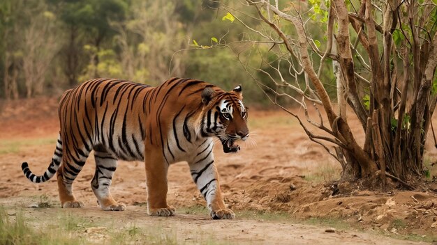 Tiger in the nature habitat tiger male walking head on composition wildlife scene with danger anima