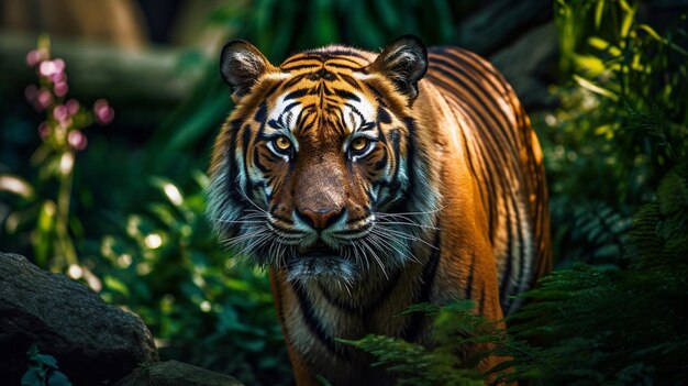 Tiger in the nature habitat tiger male walking head on composition wildlife scene