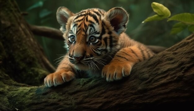 Tiger nature striped beauty stares with aggression in tranquil forest generated by artificial intelligence